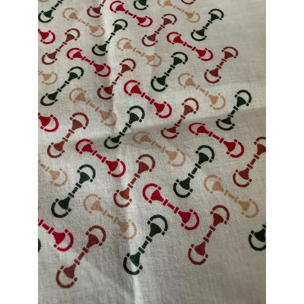 Vintage Gucci 1970’s White Cotton Scarf with Green, Red, Tan Horsebit Print